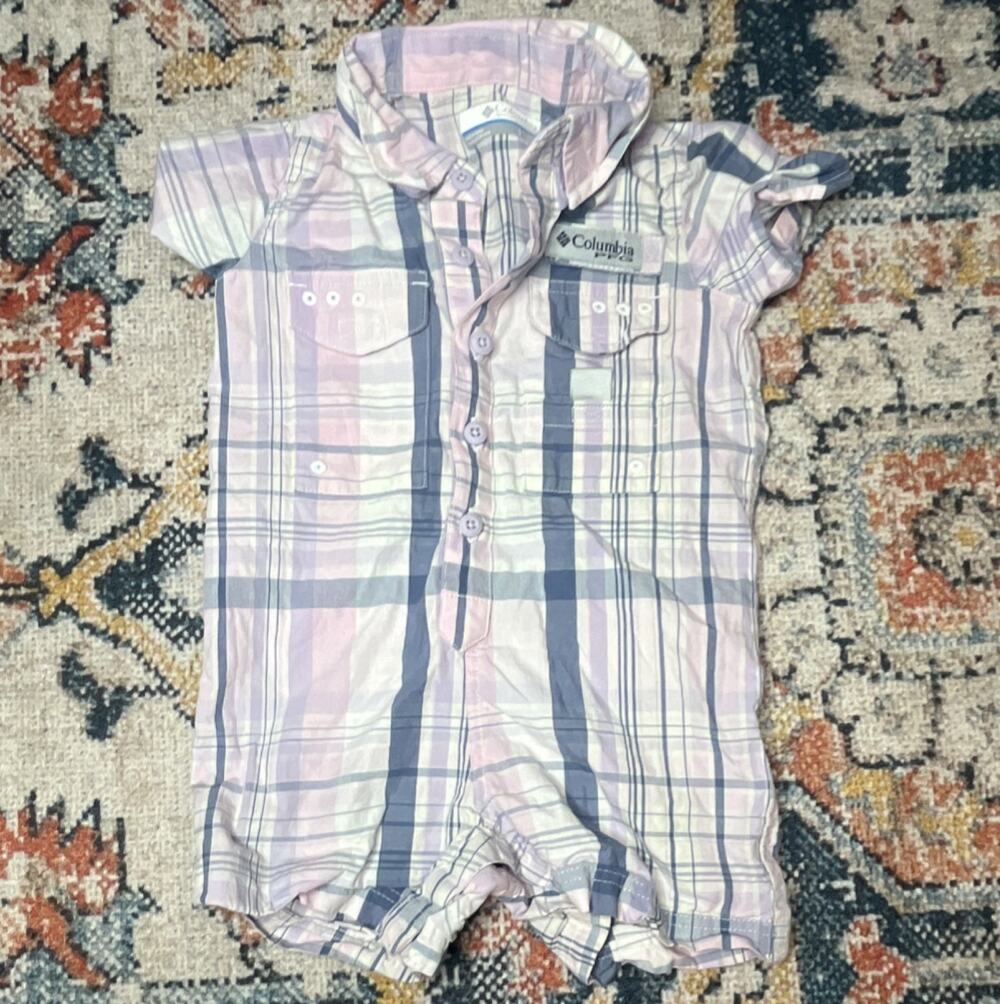 Columbia PFG Bonehead Baby Girl Plaid Romper, Pink & Gray, Size 6-12 Months